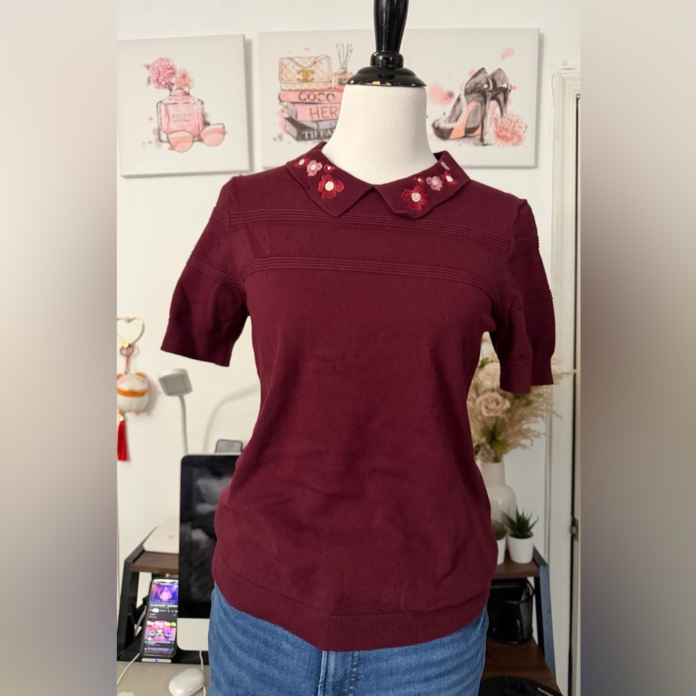 🍒CeCe Burgundy Embroidered Peter Pan Collar Knit Top - Picture 2 of 7